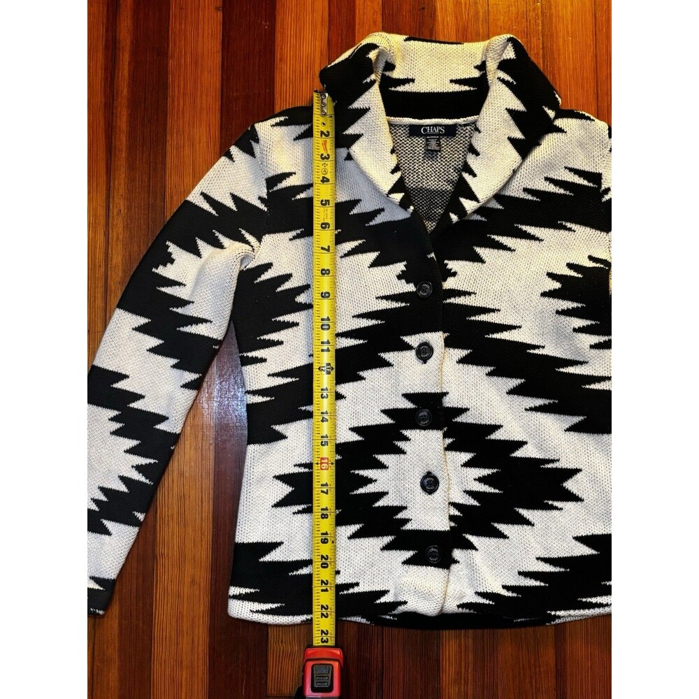 CHAPS Womens XS Southwestern Aztec Cardigan Black Cream 100% Cotton Shawl Collar - Picture 5 of 7